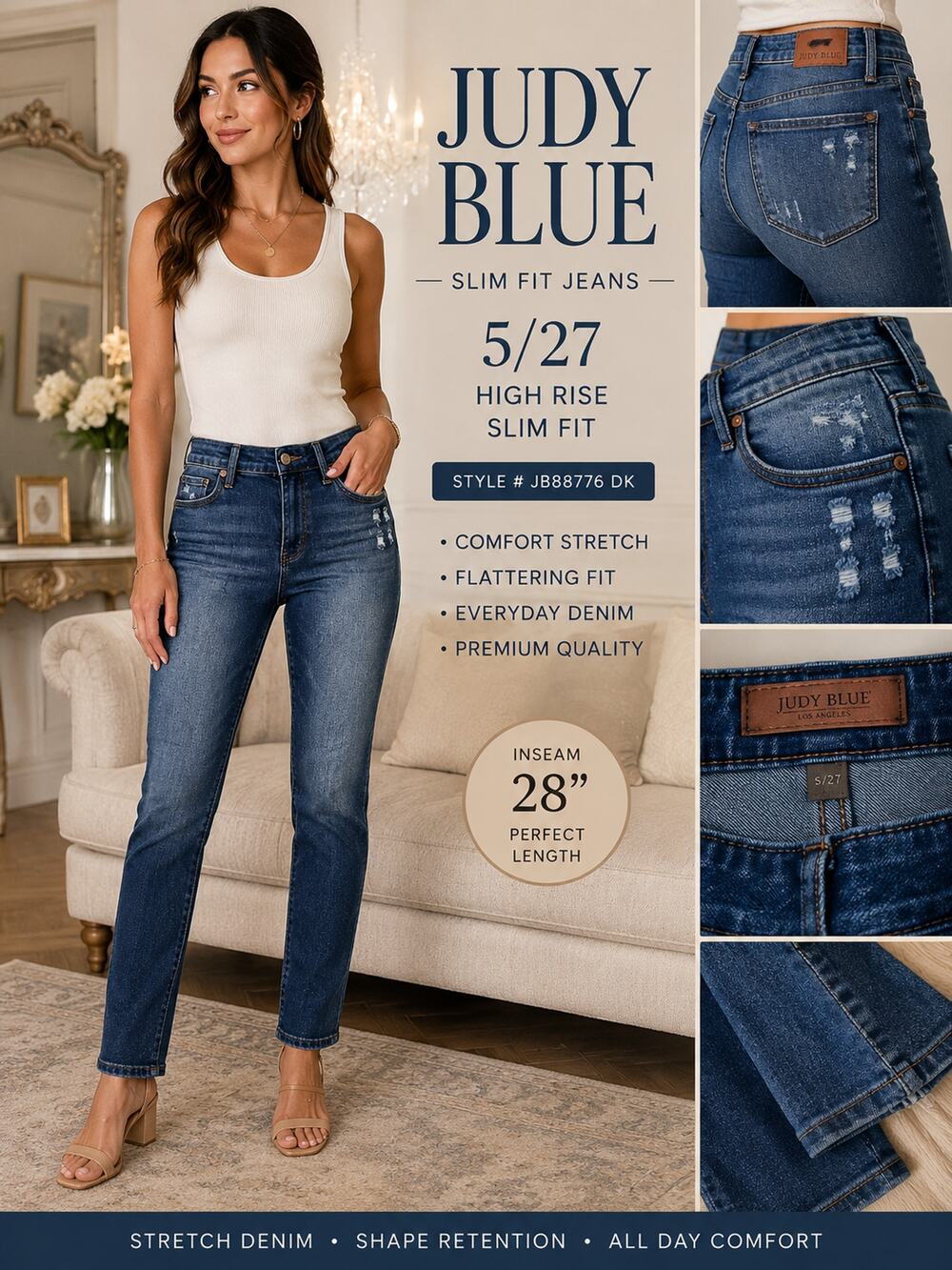 Judy Blue 5/27 High Rise Slim Fit Stretch Jeans Medium Wash Denim